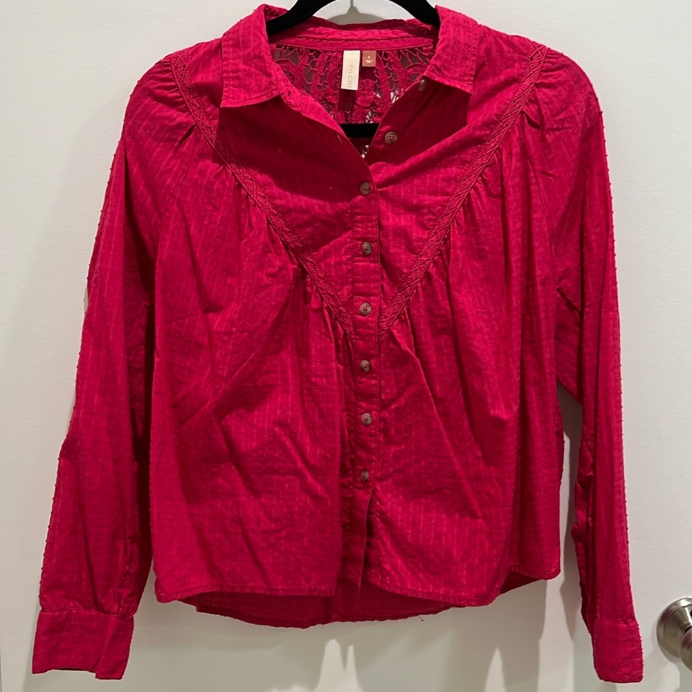 Anthropologie x Pilcro Swiss Dot and Lace Button Up Blouse, Size Small